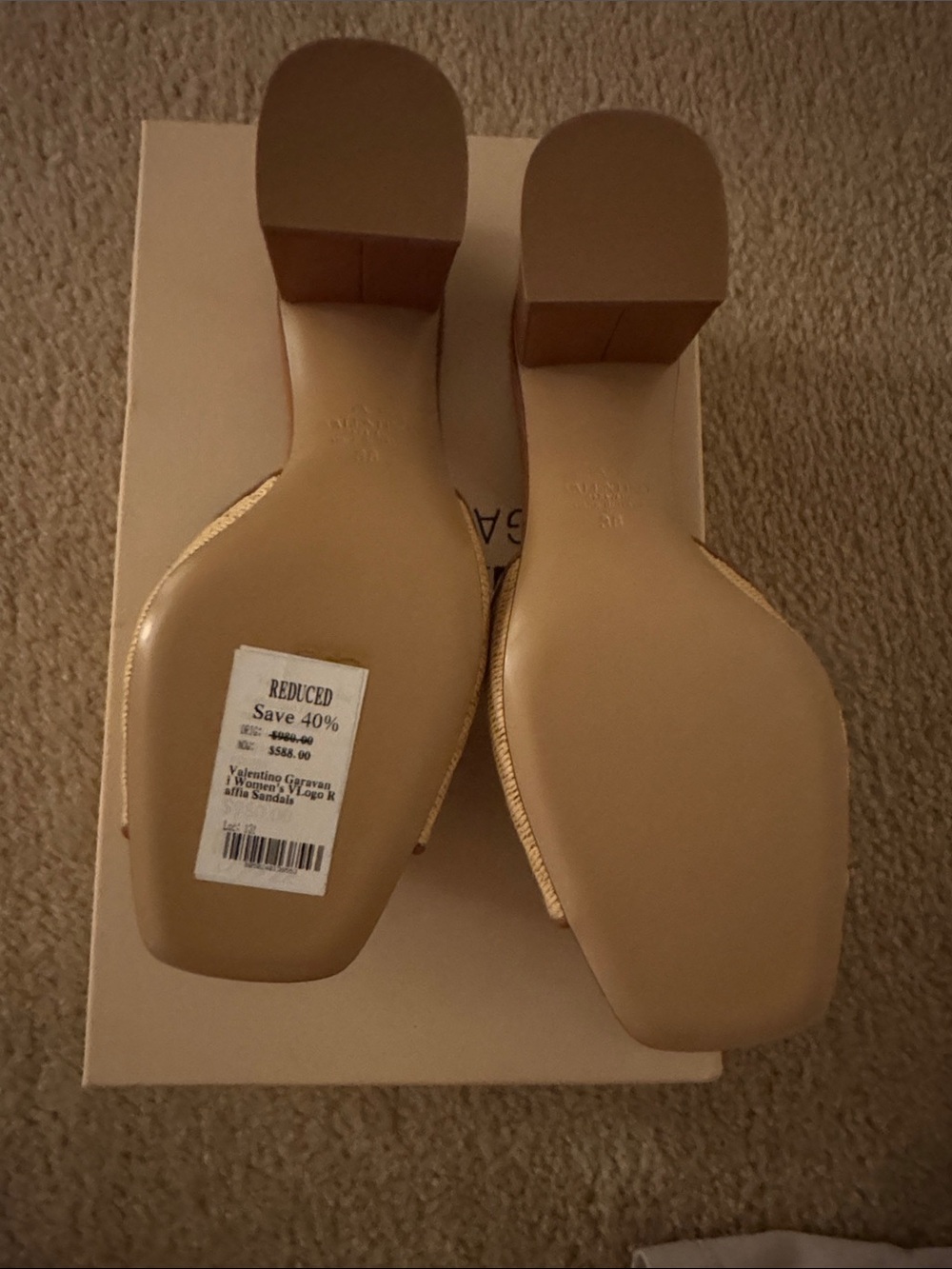 Valentino Garavani Tan Leather & Natural Raffia Mules with Gold V Logo - Picture 3 of 6